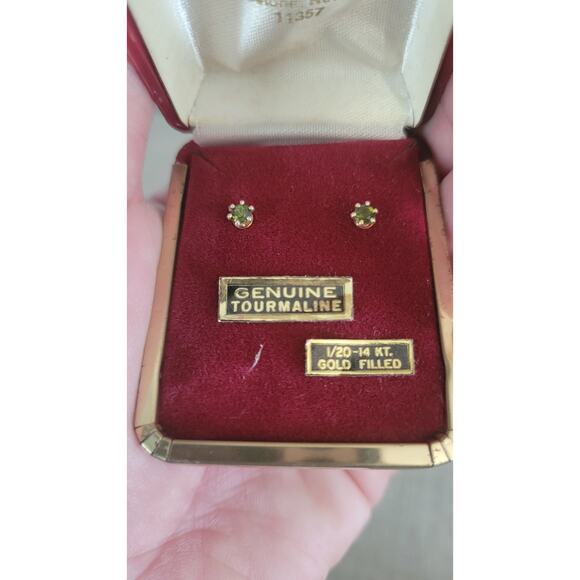 Vintage H&A 1/20 14K Gold Filled Genuine Tourmaline Earrings NOS w/ Box - Picture 2 of 3